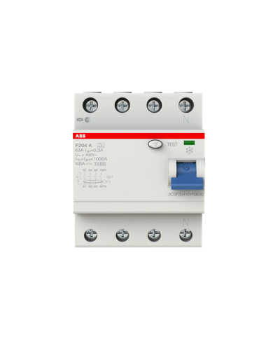 ABB F204A-63/0,3 FI Aardlekschakelaar, 63A/0,3mA, 4-Pool ABB F204A-63/0,3 FI Aardlekschakelaar, 63A/0,3mA, 4-Pool